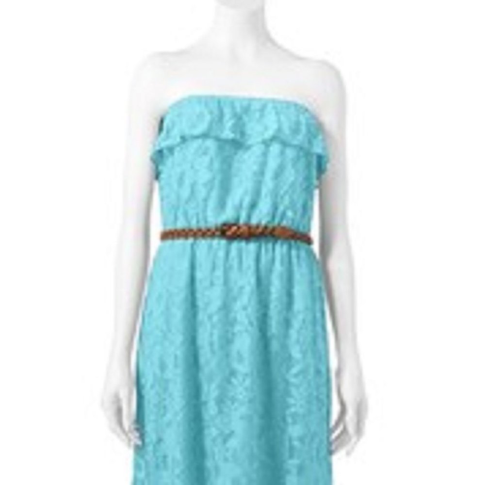 Trixxi Aqua Lace Strapless Ruffled Summer Lined Mini Dress with Belt Size M NWT